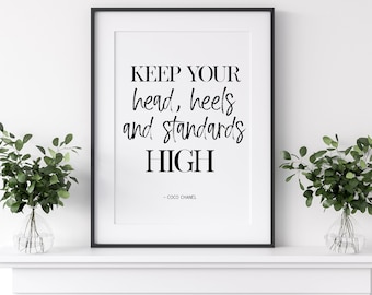 QUOTE, Keep Your Heels Head And Standards High,Chanel Wall Art,Girls Room  Decor,Fashion Print,Fashio Recessed Framed Print by AlexTypography
