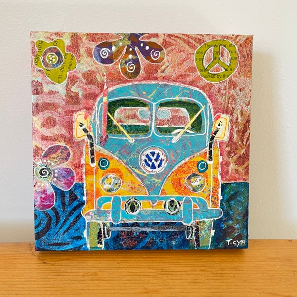 Groovy VW bus Original collage monoprint