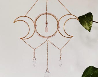 Rose Quartz Triple Moon Suncatcher: Lunar Prism Wall Hanging