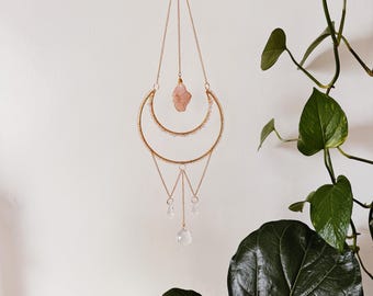 Rose Quartz Crystal Moon Sun Catcher | Hanging Window Decor