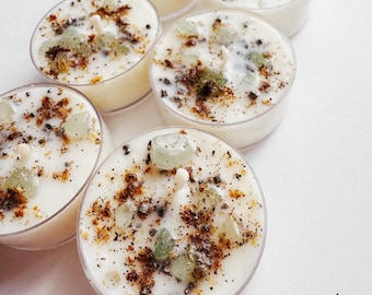 Money Spell Tea Light Candle with Green Aventurine & Pyrite | Soy Crystal Candle