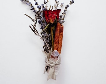 Clear Quartz, Cinnamon, Rosemary, Rose and Lavender Smudge Stick