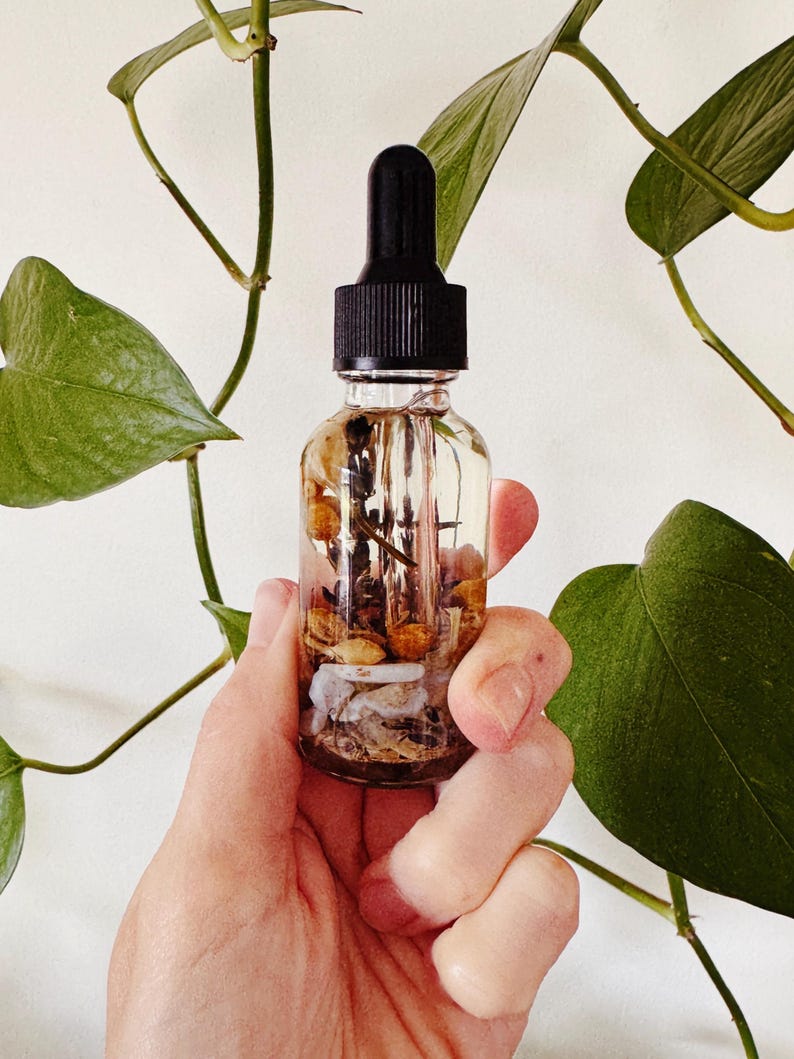May include: A clear glass bottle with a black dropper top, filled with a clear liquid and small botanicals. The bottle is held in a hand, with green leaves in the background. The bottle contains small stones and dried flowers.