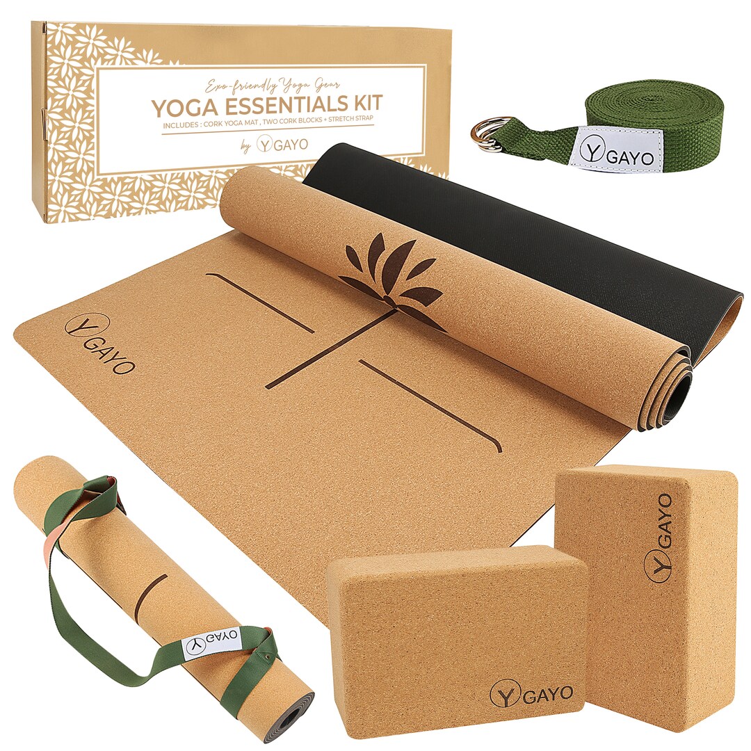Premium Cork Yoga Essentials Kit large Cork Yoga Mat and Blocks Set