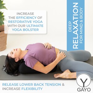 Yoga Pose lying on the back with the Black bolster on the back. Helps release lower back tension and increase flexibility. Give deep relaxation for mind and body. Increase the efficiendy of restorative yoga