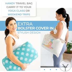 Blue stylish Bolster cover carried on a white bag for handy travel to your yoga class or weekend trips