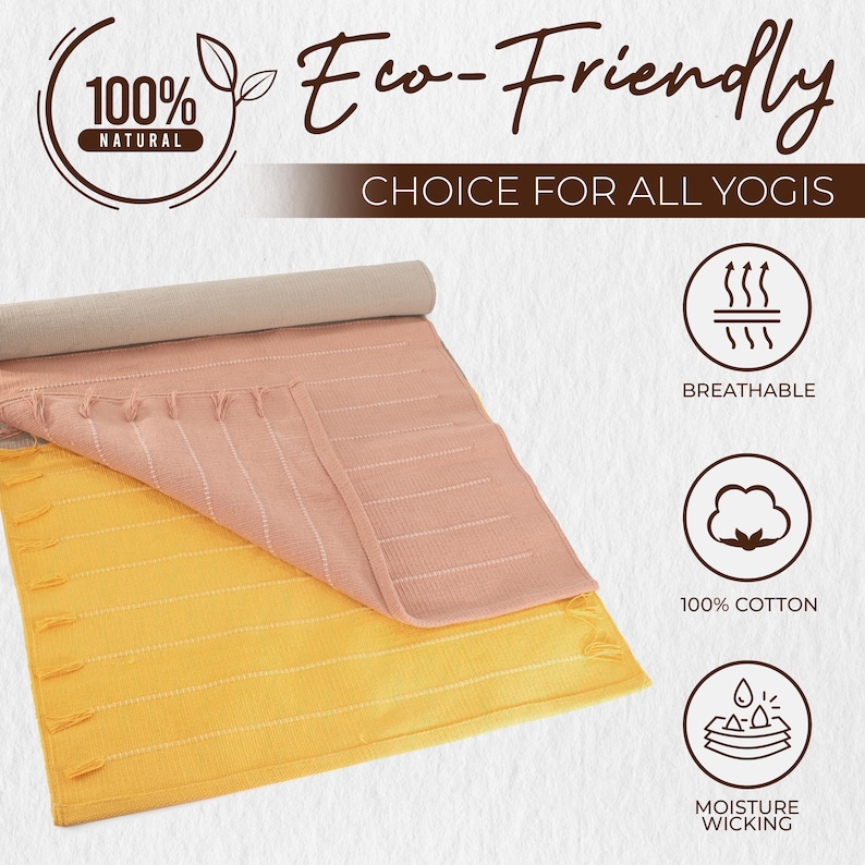 May include: A rolled-up yoga mat with a peach-colored top layer and a yellow bottom layer. The mat is labeled "Eco-Friendly" and "Choice for All Yogis." Additional icons indicate it is breathable, made of 100% cotton, and moisture-wicking.