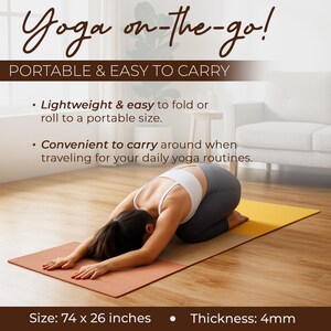 May include: A yoga mat with a tri-color design, featuring a person in a yoga pose. The mat is 74 x 26 inches and 4mm thick. Text on the image reads "Yoga on-the-go!" and "Portable & Easy to Carry."