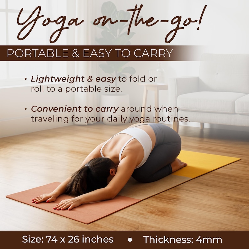 May include: A yoga mat with a tri-color design, featuring a person in a yoga pose. The mat is 74 x 26 inches and 4mm thick. Text on the image reads "Yoga on-the-go!" and "Portable & Easy to Carry."