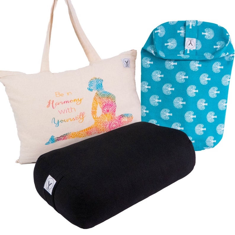 Black Yoga Bolster Set with carrying bag and extra cover in blue