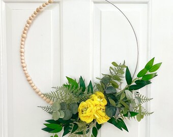 Minimalist eucalyptus hoop wreath, yellow floral wood beaded wreath, farmhouse wreath, boho modern wreath, everyday fern wreath