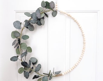 Eucalyptus hoop wreath, beaded hoop wreath, minimalist wreath, modern home decor, farmhouse wreath, greenery wreath