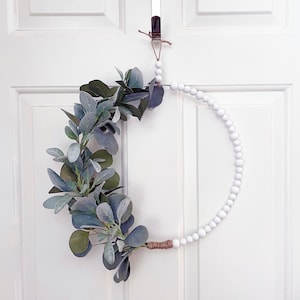 Lambs ear eucalyptus wreath, hoop wreath, white wood bead wreath, everyday wreath, farmhouse wreath, minimalist wreath, boho wreath