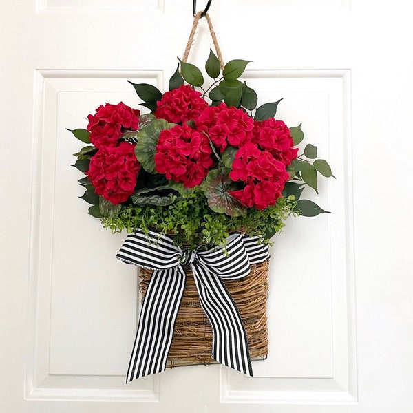 Red geranium basket wreath, spring wreath, summer wreath, fern wreath, front door wreath, farmhouse greenery wreath, everyday wreath