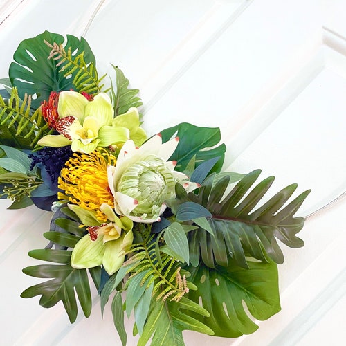Tropical hoop wreath, summer beach wreath, island wreath decor, minimalist wreath, monstera wreath, shops protea wreath, orchid wreath
