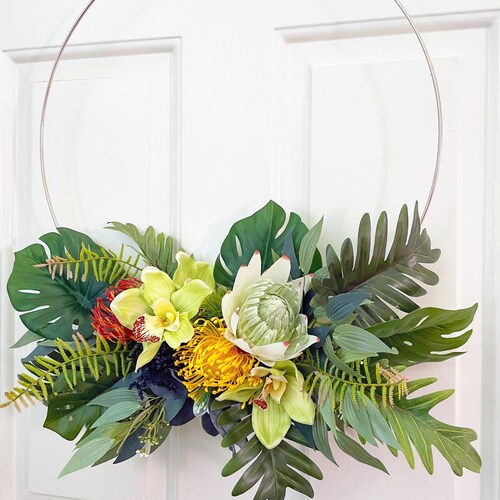 Tropical hoop wreath, summer beach wreath, island wreath decor, minimalist wreath, monstera wreath, shops protea wreath, orchid wreath