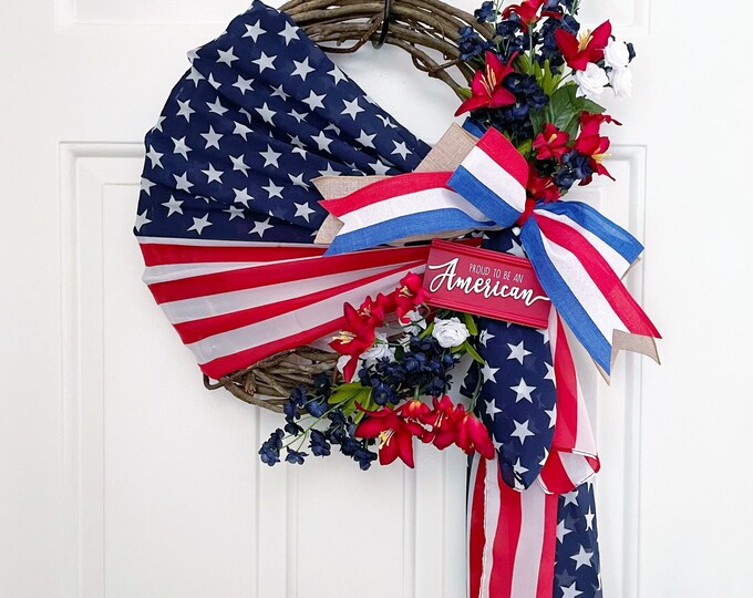 American Flag Wreath With Flowers, Patriotic Flag Draped Wreath, 4th of ...