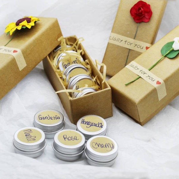 5 'Lip Sync' LIP BALMS Spa Lip Butters Gift Set, Travel, Wedding Favour, Handbag, Rose, Cherry, Gardenia, Honeysuckle, Neroli Essential Oil.