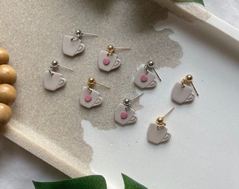 Fall Coffee Mug Dangle Earrings | Coffee Mug Clay Earring | Latte Cup Clay Earring | Neutral Polymer Clay Earring | Gift for Her