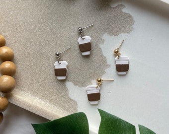 Fall Coffee Mug Dangle Earrings | Coffee Mug Clay Earring | Latte Cup Clay Earring | Neutral Polymer Clay Earring | Gift for Her