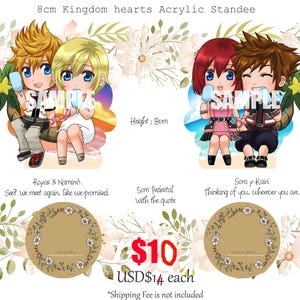 May include: Four 8 cm acrylic standees featuring characters from the Kingdom Hearts video game series. The standees are printed with colorful illustrations of the characters. The standees are on a white background with floral accents.