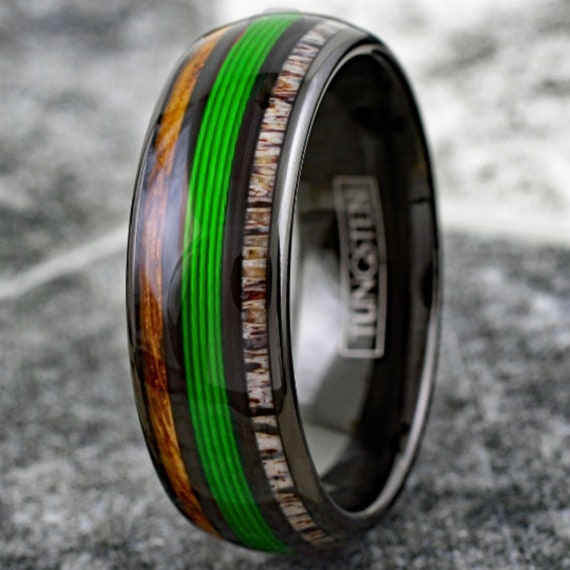 Men's Fishing Line Wedding Ring, Green Fishing Ring with Elk and Koa Wood, Wooden Ring, Elk Antler Ring, Unique Wedding Band, Wedding Band