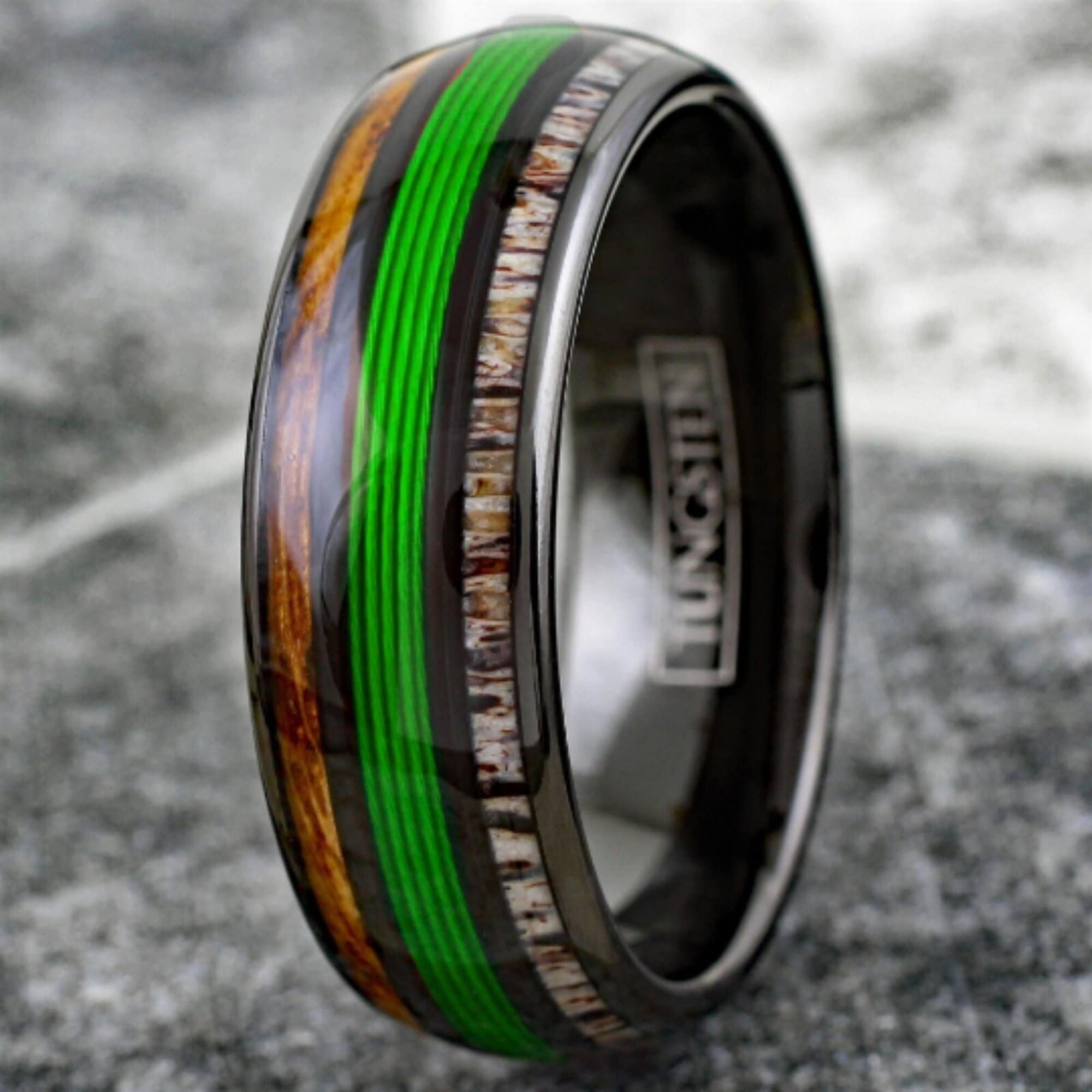 Polished Silver Low Dome Tungsten Band Ring w/ Green Fishing Line