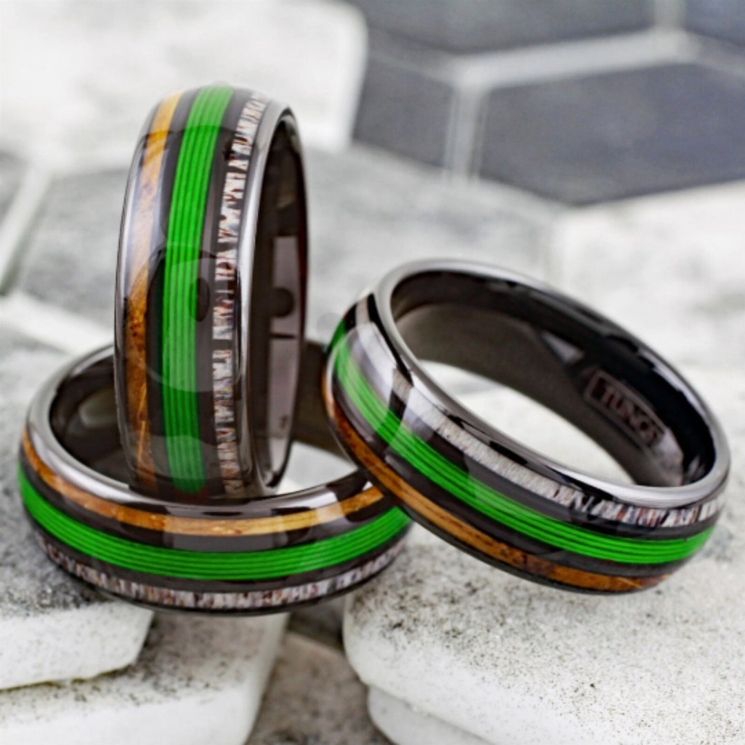 Men's Fishing Line Wedding Ring, Green Fishing Ring With Elk and Koa