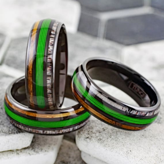 Men's Fishing Line Wedding Ring, Green Fishing Ring With Elk and