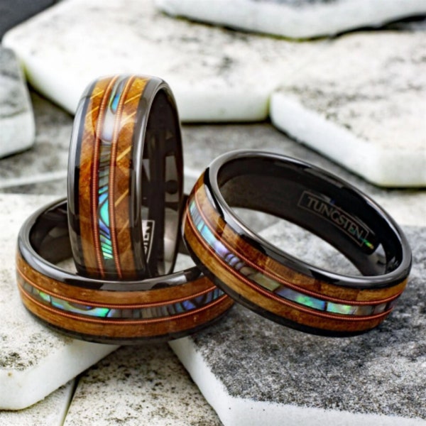 Awesome Polished Black Tungsten Ring with Iridescent Abalone Inlay Between Two Cool Genuine Guitar String Surrounded By Whiskey Barrel Oak