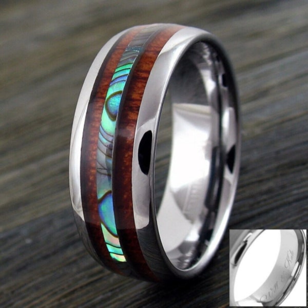 Exotic Koa Wood Ring with Abalone Shell Inlay - 6mm/8mm Couples Wedding Band - Mens Wedding Band - Unique Wedding Ring - His and Hers Rings