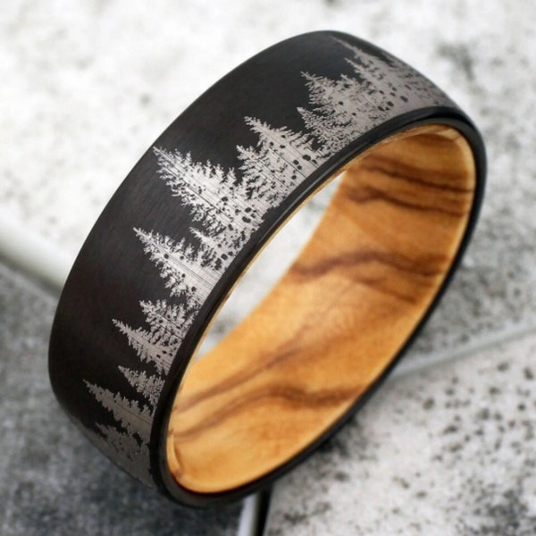 Olive Wood Men's Wedding Band | Size 5-15 Rustic Black Tungsten Ring | Nature Outdoor Tree Forest Tungsten Wedding Band | Women's 6mm 8mm