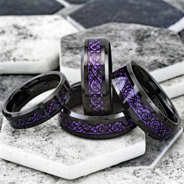 Mens Wedding Band - Purple Ring for Men - Purple Celtic Dragon Tungsten Carbide Ring - 6mm or 8mm Carbon Fiber Ring for Man