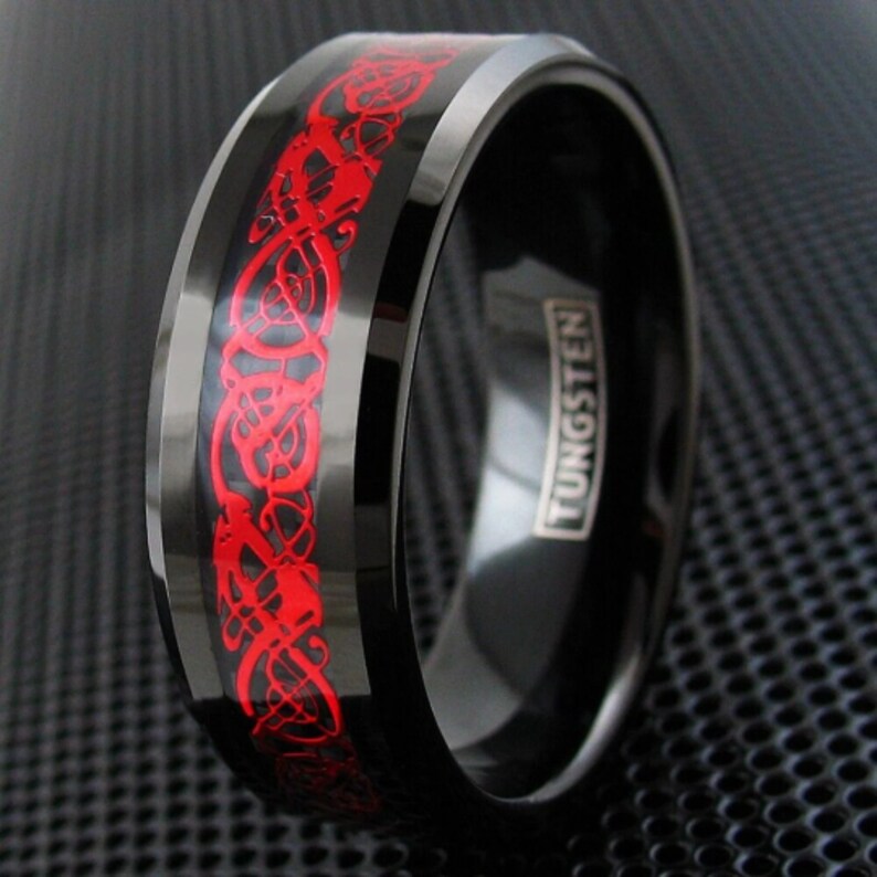 Red Tungsten Ring, Black Tungsten Band, Red Celtic Ring, Black Red