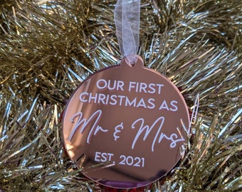 Our First Christmas as Mr & Mrs Rose Gold Mirror Acrylic Christmas Tree Ornament