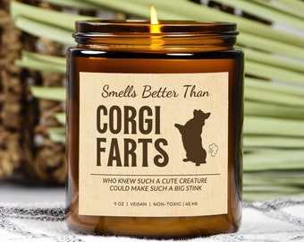 May include: A brown glass candle jar with a brown paper label that reads "Smells Better Than Corgi Farts." The label also includes a silhouette of a Corgi dog and the text "Who knew such a cute creature could make such a big stink." The label also includes the text "9 oz | Vegan | Non-Toxic | 45 hr."