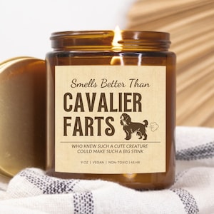 May include: A brown glass candle jar with a label that reads "Smells Better Than Cavalier Farts" with a cartoon Cavalier King Charles Spaniel dog and a cloud of gas. The label also says "Who knew such a cute creature could make such a big stink." and "9 oz | Vegan | Non-Toxic | 45 hr".