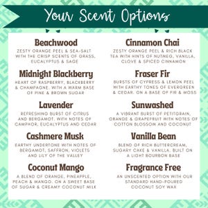 May include: A graphic with a green and white background featuring a list of 10 different candle scents. The scents are: Beachwood, Midnight Blackberry, Lavender, Cashmere Musk, Coconut Mango, Cinnamon Chai, Fraser Fir, Sunwashed, Vanilla Bean, and Fragrance Free.