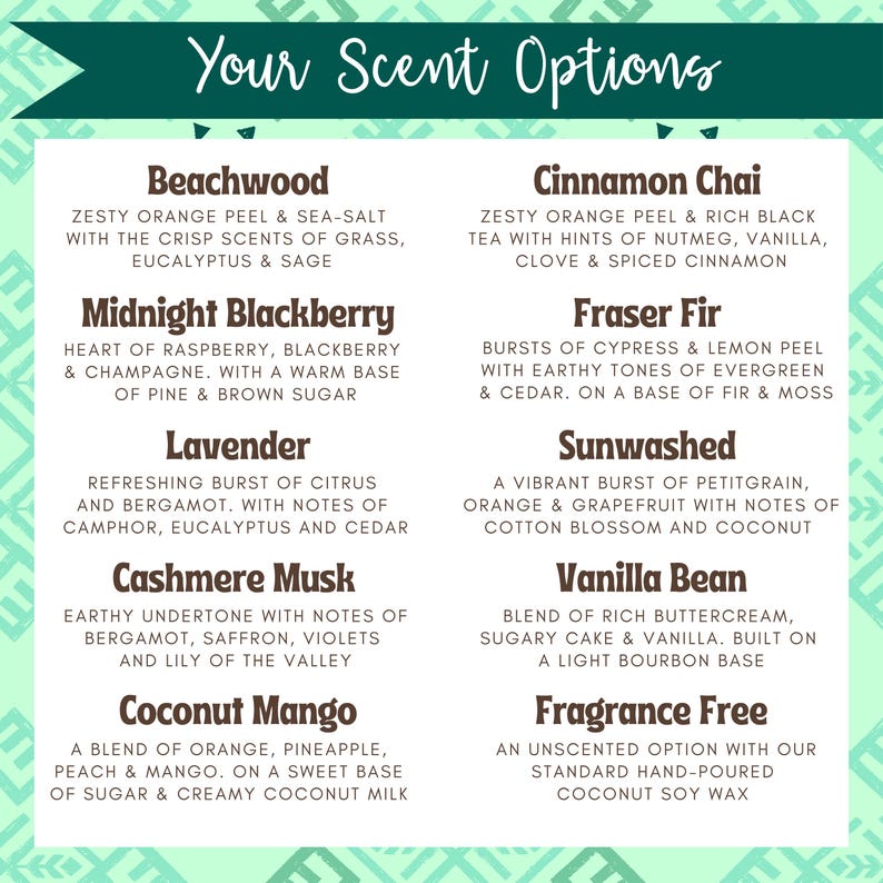 May include: A graphic with a green and white background featuring a list of 10 different candle scents. The scents are: Beachwood, Midnight Blackberry, Lavender, Cashmere Musk, Coconut Mango, Cinnamon Chai, Fraser Fir, Sunwashed, Vanilla Bean, and Fragrance Free.