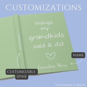 May include: A green book cover with the text "things my grandkids said & did" and a heart. The spine of the book is customizable and says "Grandkid Memories". The bottom of the cover says "Grandma Mary" and has a space for a name.