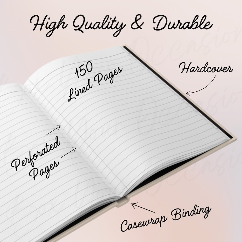 May include: A black hardcover notebook with 150 lined pages. The pages are perforated and the notebook has a casewrap binding.