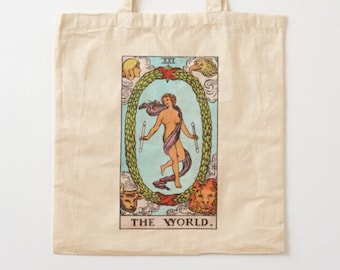 Bolsa de tela con la carta del Tarot del Mundo - Lona de algodón