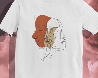Minimalist Faces T-shirt: Abstract Earthy Tone Line Art, 100% Cotton