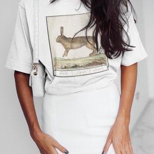 May include: White t-shirt with a vintage illustration of a brown rabbit on the front. The illustration is surrounded by a black frame and includes the text "Bacz&eacute;, Lipud, Licwes".