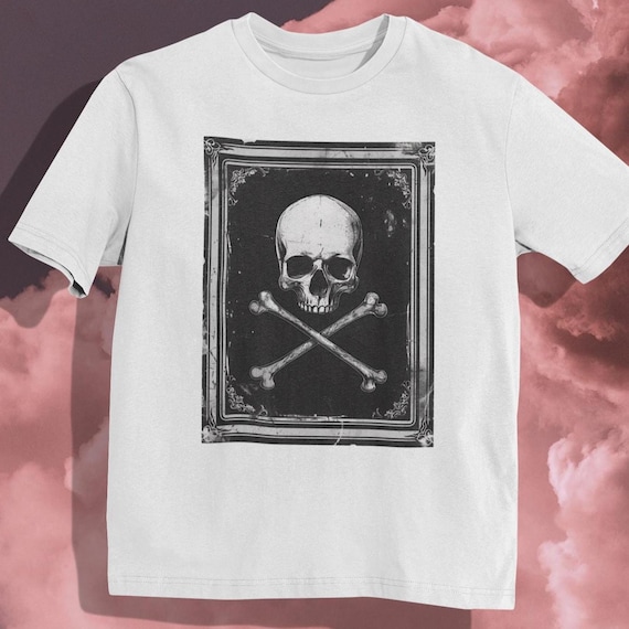 Gothic Skull and Crossbones Illustration T Shirt With Vintage