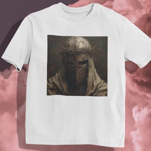 Medieval Knight T-Shirt with Crown of Thorns, Gothic Art Tee, Dark Knight Aesthetic, Spiritual Warrior Design, Unique Graphic Apparel