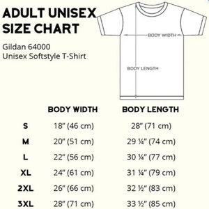 May include: Size chart for Gildan 64000 Unisex Softstyle T-Shirt. The chart shows body width and length measurements in inches and centimeters for sizes S, M, L, XL, 2XL, and 3XL.