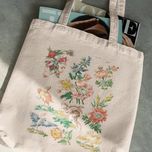 Flower Tote Bag | Vintage Flowers | Retro Flower Drawing | Shopping Bag | Flower Kinds | Aesthetic Tote