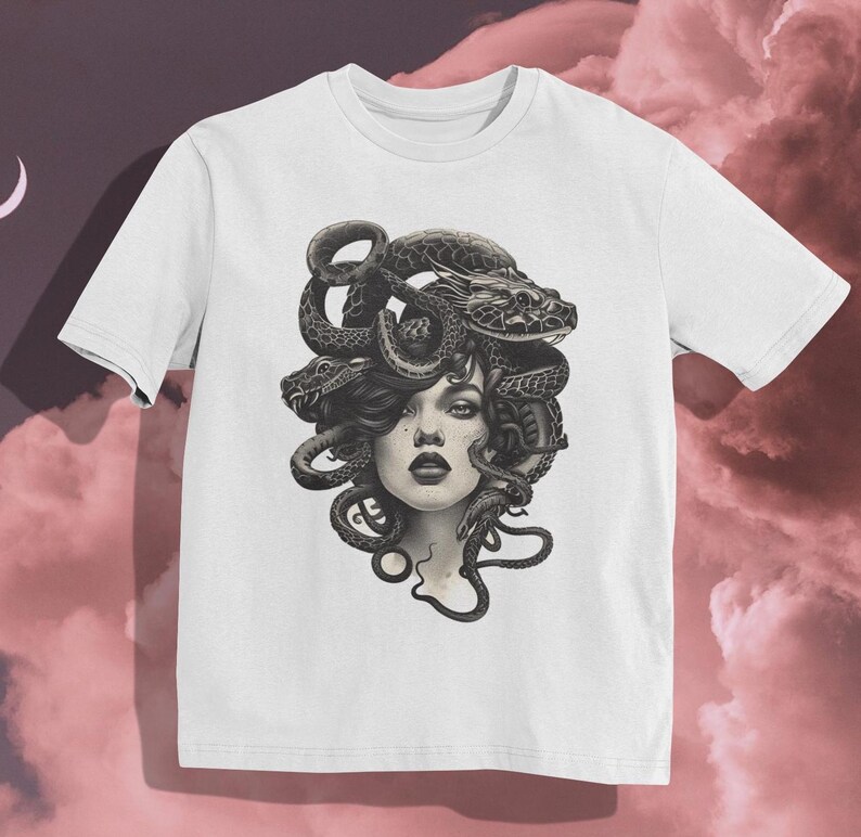 Medusa T-Shirt
Mythical Snake Hair Design
Gothic Fashion Tee
Monochrome Art Shirt
Bold Artistic Clothing
Edgy Mythology Apparel
Snake Graphic T-Shirt
Gothic Streetwear
Powerful Female Art
Unique Mythology Fashion
