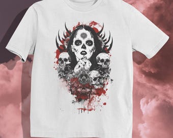 Day of the Dead Skull Queen T-Shirt – Gothic Design with Red Splatter, Skulls, and Roses for a Bold, Haunting, and Fierce Statement